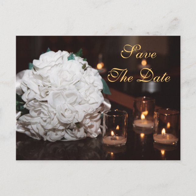 White Roses & Candlelight Save The Date Card (Front)