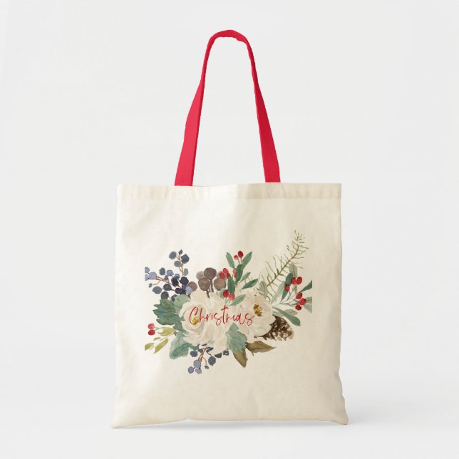 White roses & Christmas foliage bouquet Tote Bag (Front)