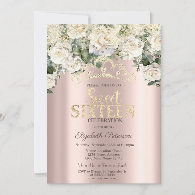 White Roses,Confetti,Crown Rose Gold  Sweet 16 Invitation (Front)