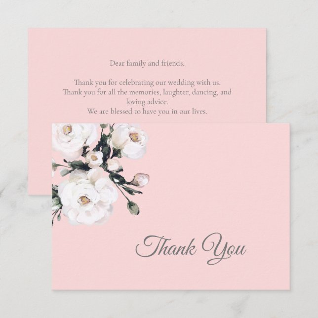 White Roses Corner Bouquet | Pink Thank You Card (Front/Back)