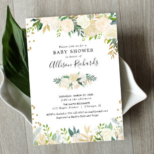 White roses cream gold elegant floral baby shower invitation