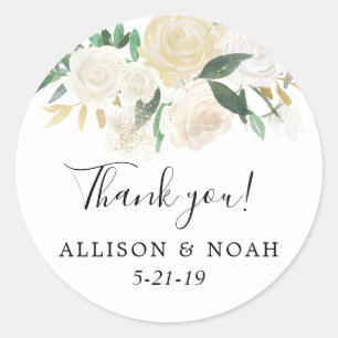 White roses cream gold elegant wedding favour classic round sticker