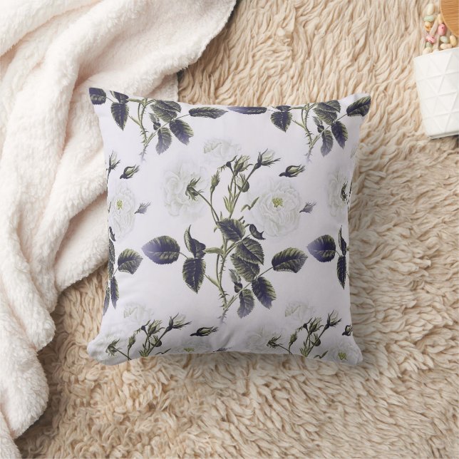 White Roses Decorative Grey Leaves Cushion (Blanket)