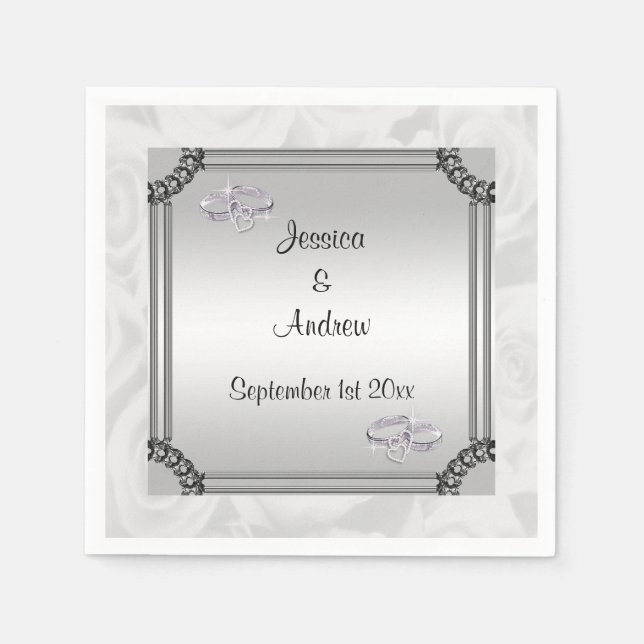 White Roses & Diamond Wedding Rings Napkin (Front)