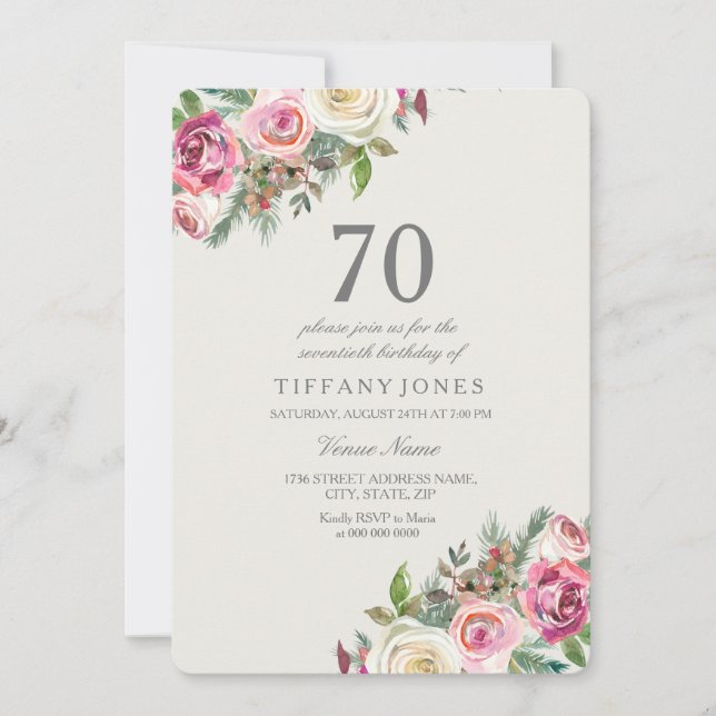 White Roses Elegant 70th Birthday Party Invite (Front)