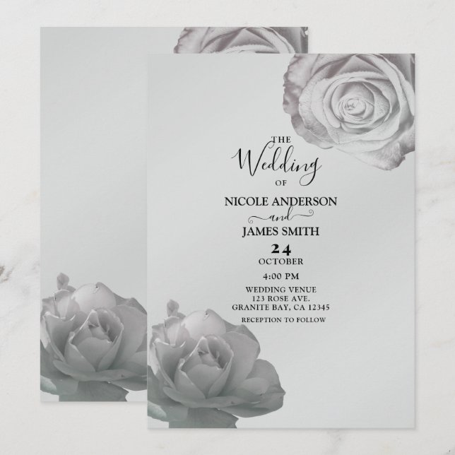 White Roses Elegant Floral Silver Grey Wedding    Invitation (Front/Back)