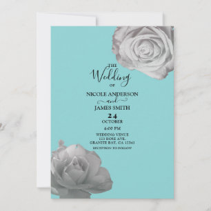 White Roses Elegant Floral Turquoise Blue Wedding Invitation