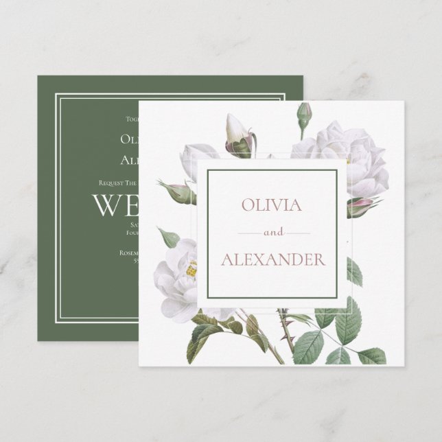 White Roses Elegant Floral Wedding Invitation (Front/Back)