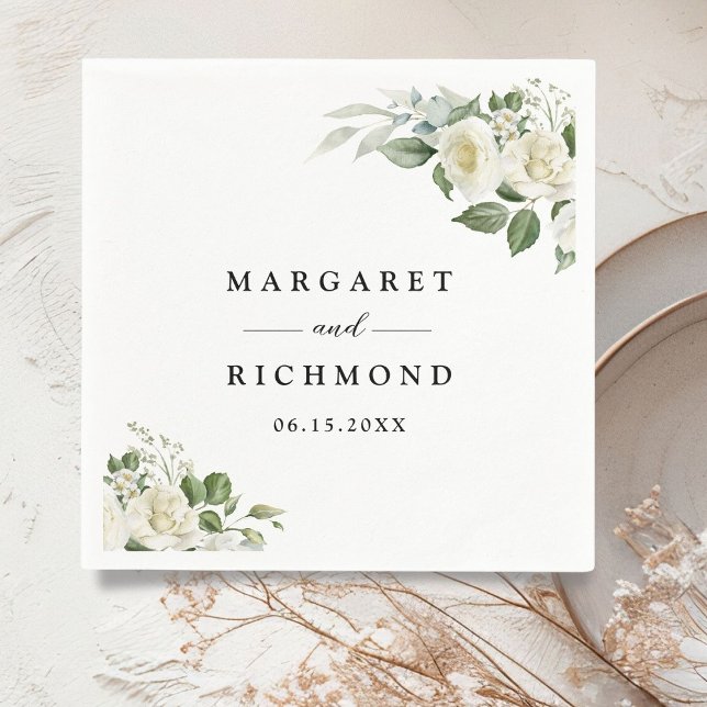 White Roses Elegant Floral Wedding Napkin (Creator Uploaded)