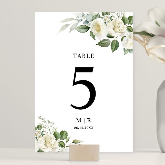 White Roses Elegant Floral Wedding Table Number (Creator Uploaded)