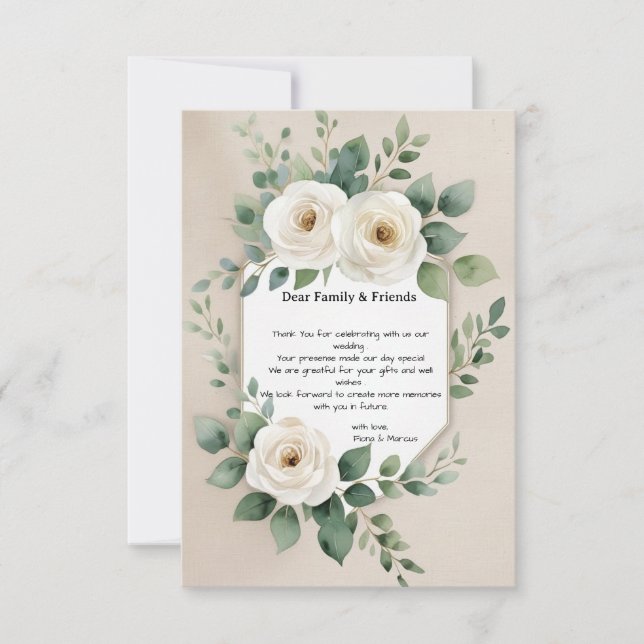 White Roses & Elegant Greenery Rustic Boho Wedding Thank You Card (Front)