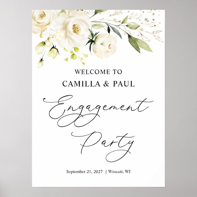 White Roses Engagement Party Welcome Sign  (Front)