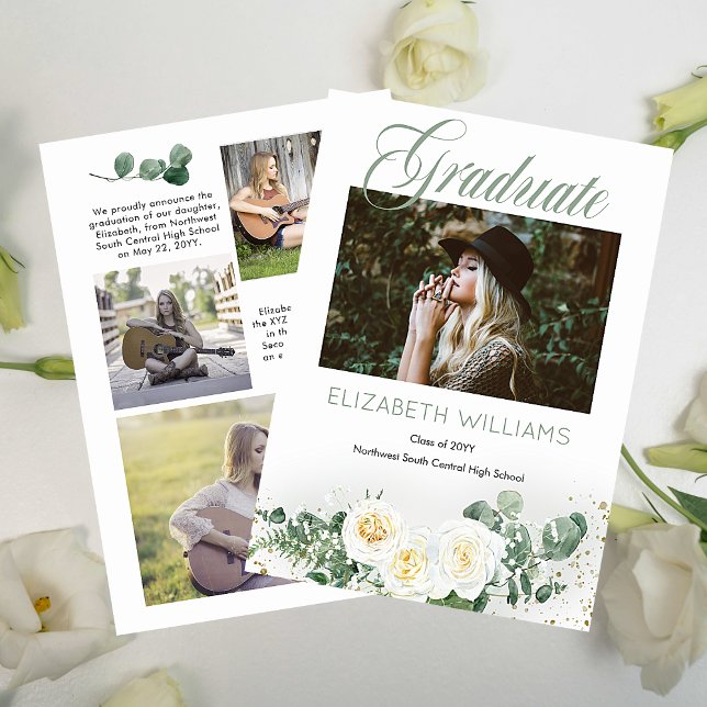 White Roses |Eucalyptus 4 Photo Collage Graduate Announcement (White Roses and Eucalyptus Four Photo Collage "Graduate" Script Text Graduation Announcement)