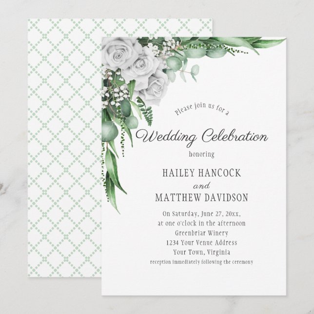 White Roses Eucalyptus Baby's Breath Wedding Invitation (Front/Back)