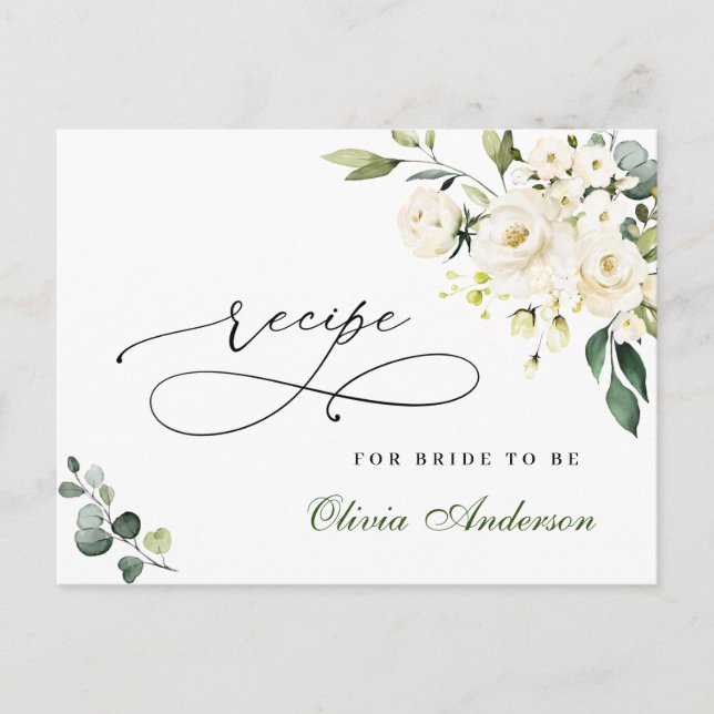 White Roses Eucalyptus Bridal Shower Recipe Card (Front)