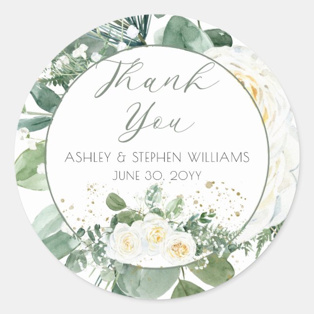 White Roses| Eucalyptus Floral Thank You Classic Round Sticker (Front)