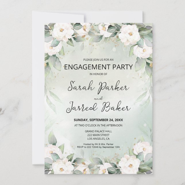 White Roses Eucalyptus Leaves Engagement Invitation (Front)