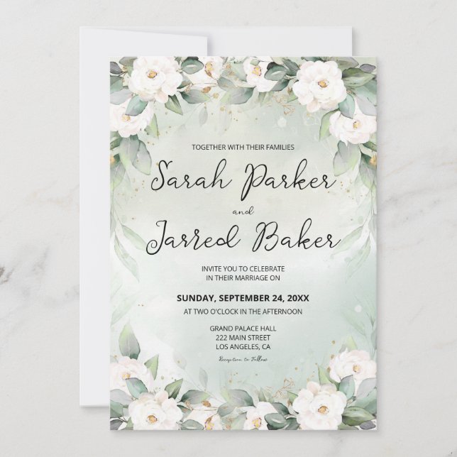 White Roses Eucalyptus Leaves Wedding Invitation (Front)