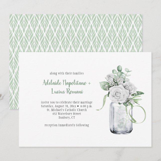 White Roses Eucalyptus Mason Jar Wedding Invitation (Front/Back)