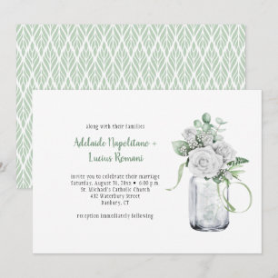 White Roses Eucalyptus Mason Jar Wedding Invitation
