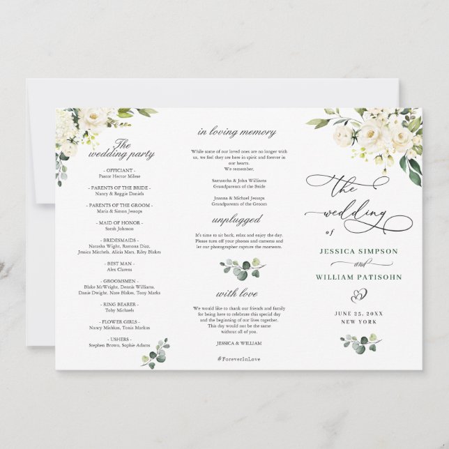 White Roses Eucalyptus Wedding Ceremony Program Invitation (Front)