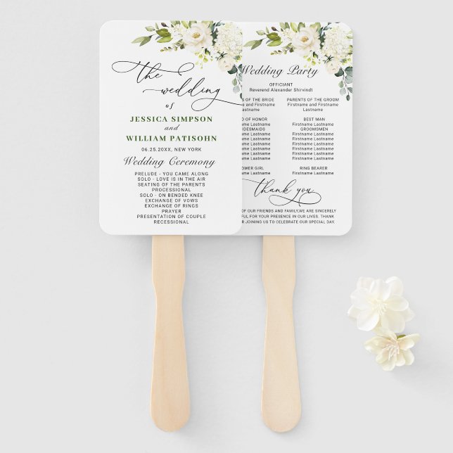 White Roses Eucalyptus Wedding Program Hand Fan (Front and Back)