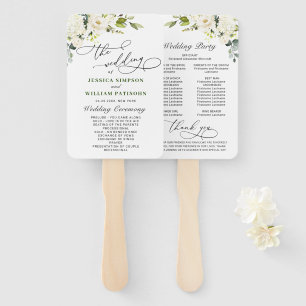 White Roses Eucalyptus Wedding Program Hand Fan
