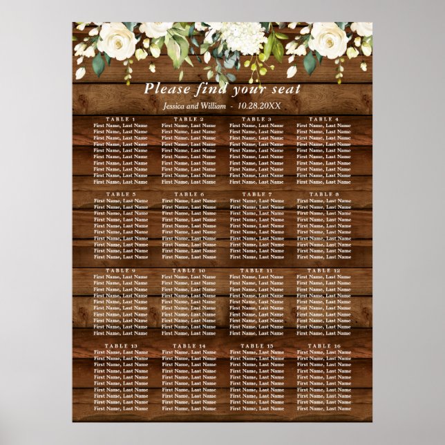 White Roses Floral 16 Tables Wedding SEATING CHART (Front)