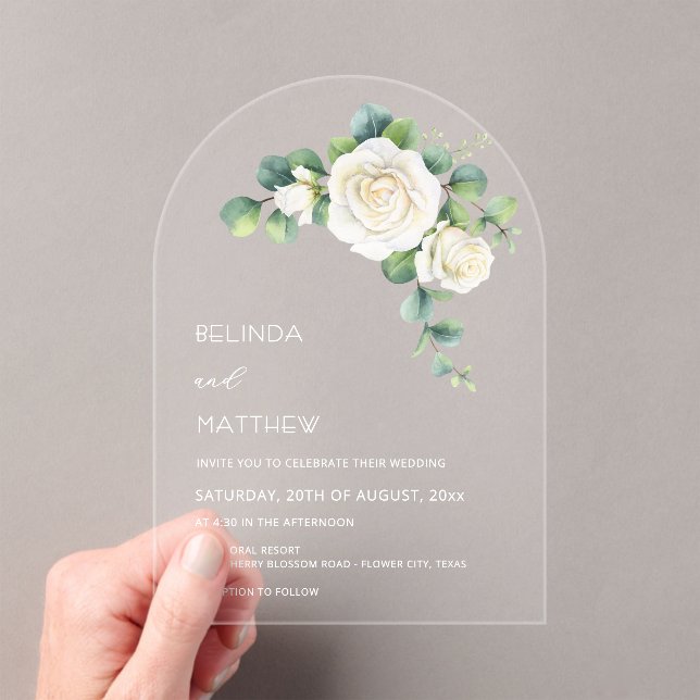 White Roses Floral Arch Clear Acrylic Invitations (Insitu (Handheld))