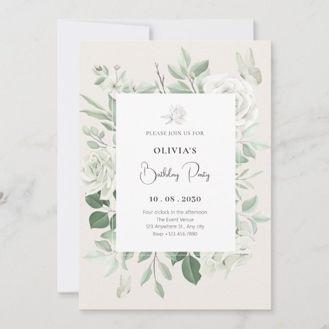 White roses floral birthday invitation (Front)