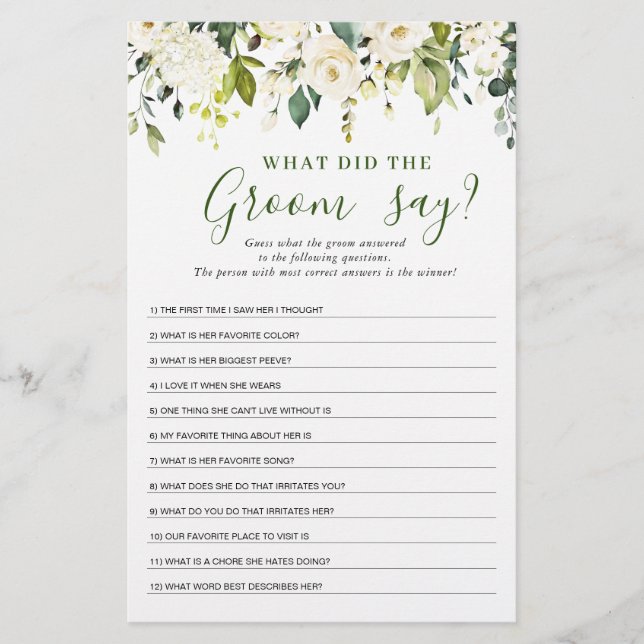White Roses Floral Bridal Shower Game (Front)