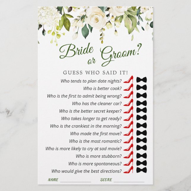 White Roses Floral Bridal Shower Game (Front)