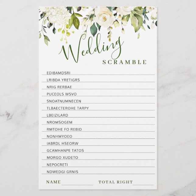 White Roses Floral  Bridal Shower Game (Front)
