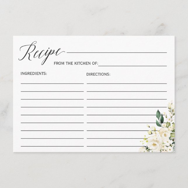 White Roses Floral Bridal Shower Recipe Card (Front)