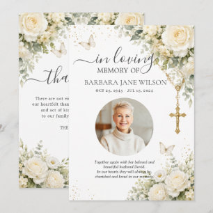 White Roses Floral Catholic Photo Funeral Memorial Thank You Card