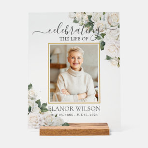 White Roses Floral Celebration of Life Photo Acrylic Sign