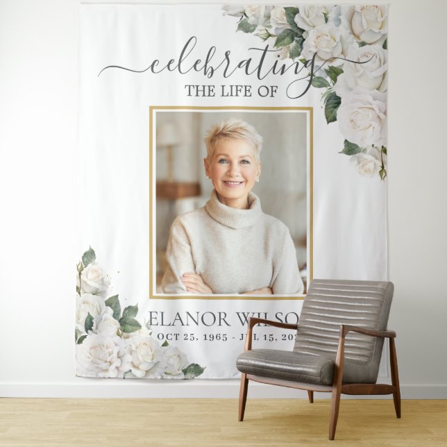 White Roses Floral Celebration of Life Photo Tapestry (In Situ)