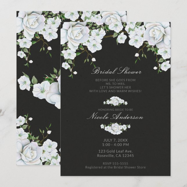 White Roses Floral & Charcoal Grey Bridal Shower Invitation (Front/Back)
