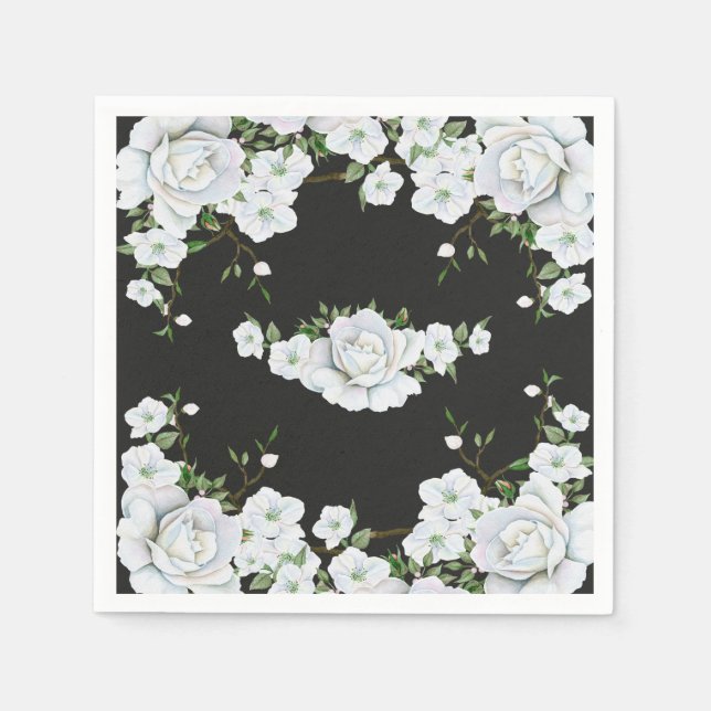White Roses Floral & Charcoal Grey Bridal Shower Napkin (Front)