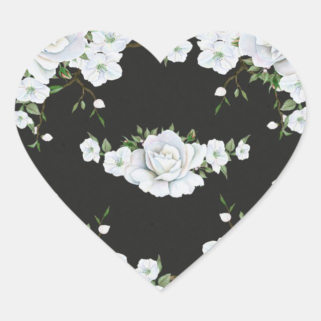 White Roses Floral & Charcoal Grey Elegant Favour Heart Sticker (Front)