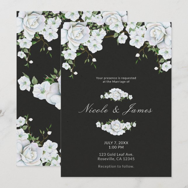 White Roses Floral & Charcoal Grey Wedding Invitation (Front/Back)