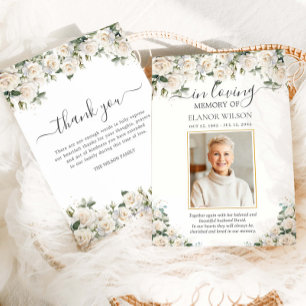 White Roses Floral Flowers Photo Funeral Memorial Thank You Card