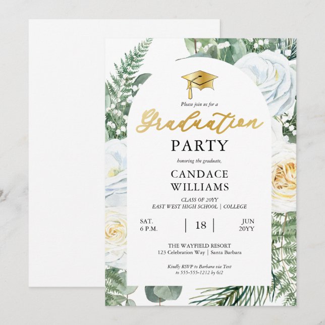 White Roses Floral Frame Graduation Party Invitation (Front/Back)