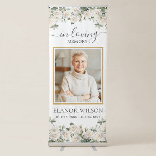 White Roses Floral Funeral Memorial Picture Photo Retractable Banner