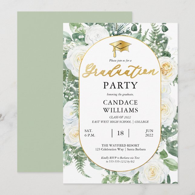 White Roses Floral Gold Frame Graduation Party  Invitation (Front/Back)