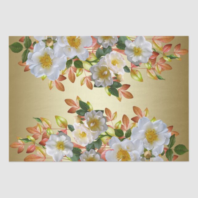 White Roses Floral Gold Tissue Paper (Front)