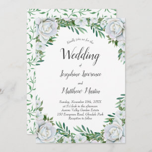White Roses Floral Greenery Wedding Invitations