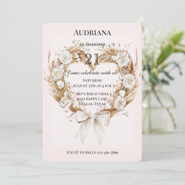 White Roses Floral Heart Bow Birthday Invitation (Standing Front)