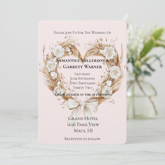White Roses Floral Heart Bow Wedding Invitation (Standing Front)