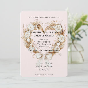 White Roses Floral Heart Bow Wedding Invitation
